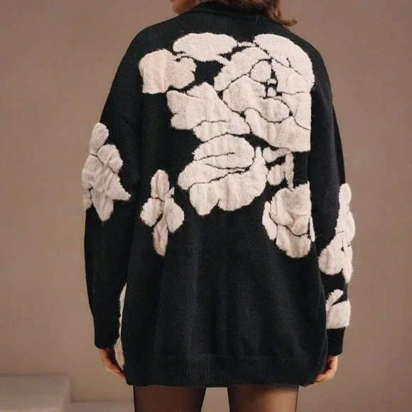 Black Casual Women's Elegant Loose Fit Jacquard Floral Cardigan, Mid-Length - Picture 2 of 7